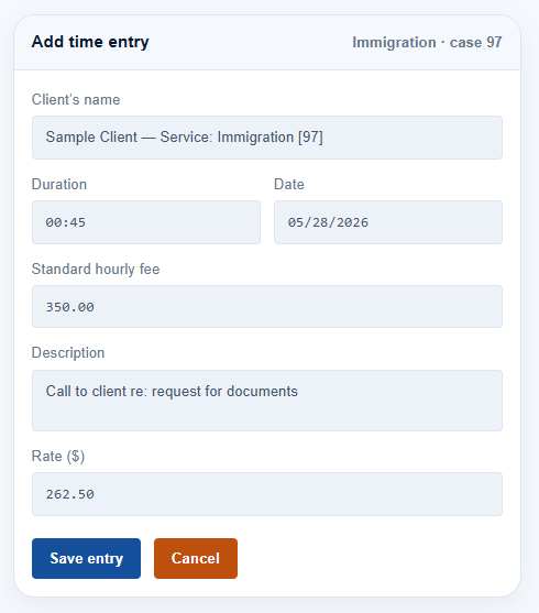 Add time entry form for Immigration case 97: 00:45 on 05/28/2026; description: call re documents; Save or Cancel.