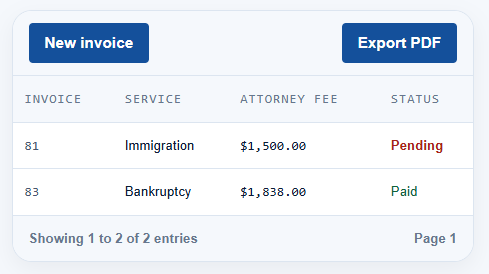 ProperFile invoice list showing sent and paid client invoices