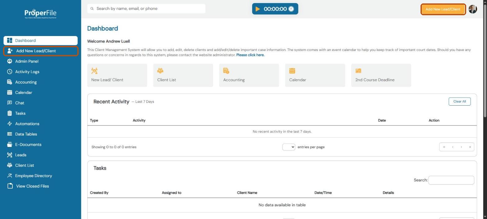 ProperFile dashboard with the Add New Lead/Client link in the left menu highlighted