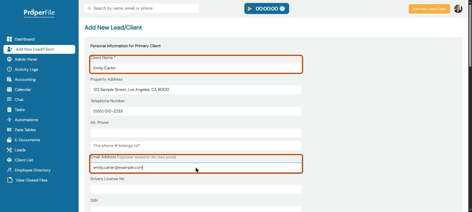 Add New Lead/Client form filled in with a sample client name, address, phone and email