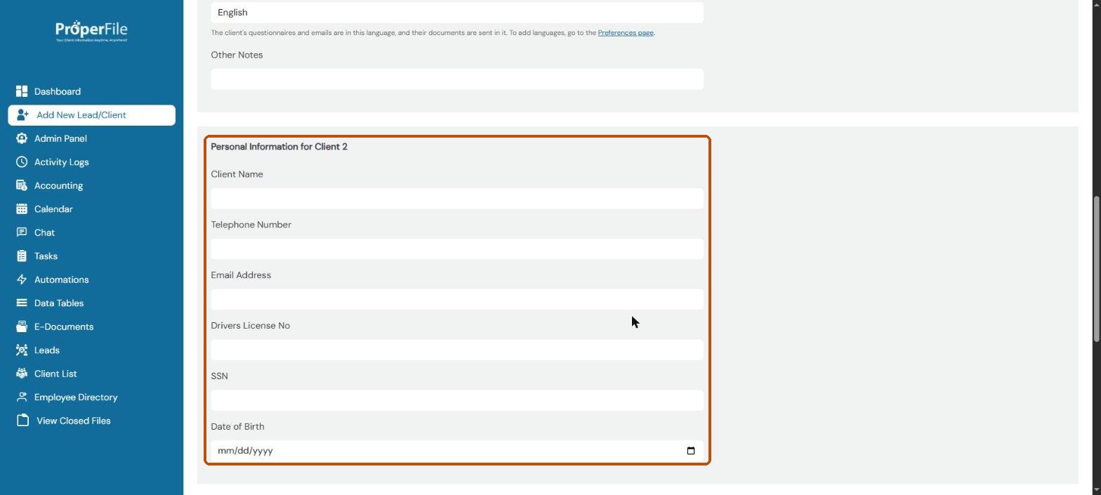 The optional Personal Information for Client 2 section