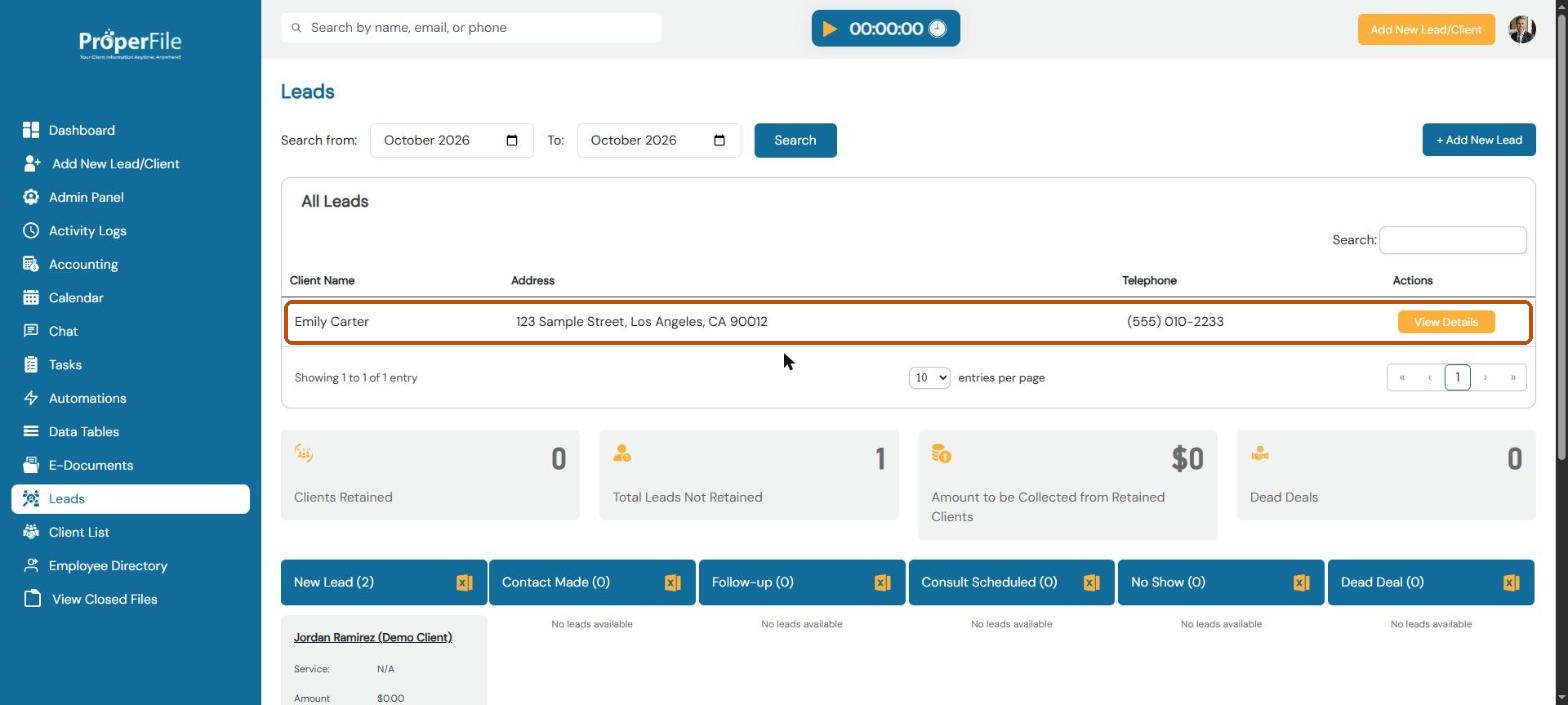 The Leads page showing the newly saved lead
