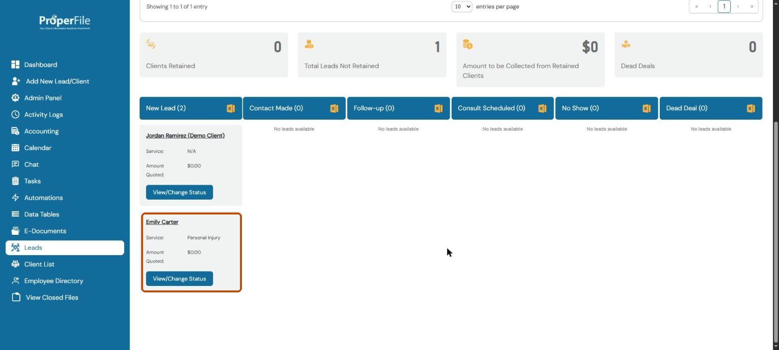 The new lead card in the New Lead column of the Leads page