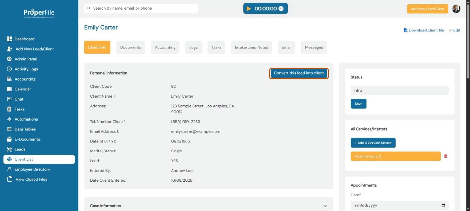 The lead page with the Convert this lead into client button highlighted