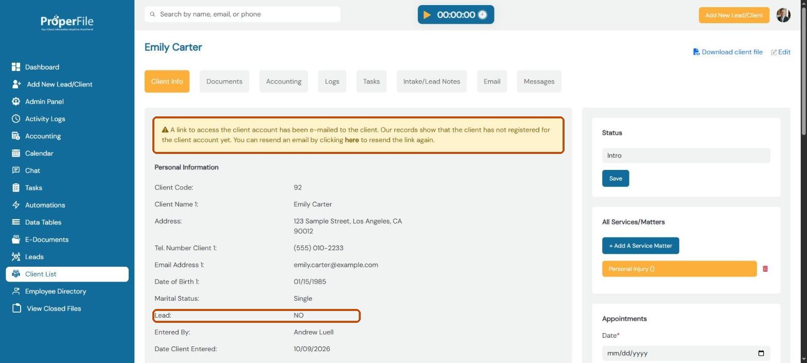 The client page after converting: the client portal invitation notice and Lead: NO