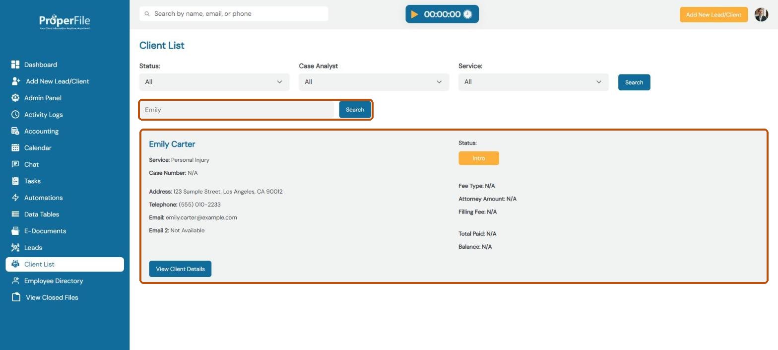 Client List search showing the new client