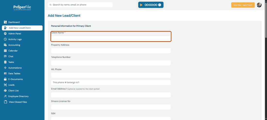 Animation: filling in and saving the Add New Lead/Client form