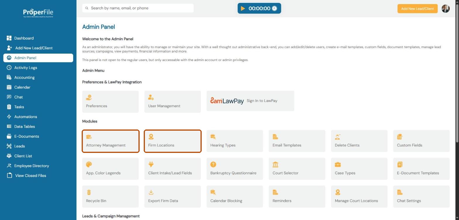 The Admin Panel with the Attorney Management and Firm Locations tiles highlighted