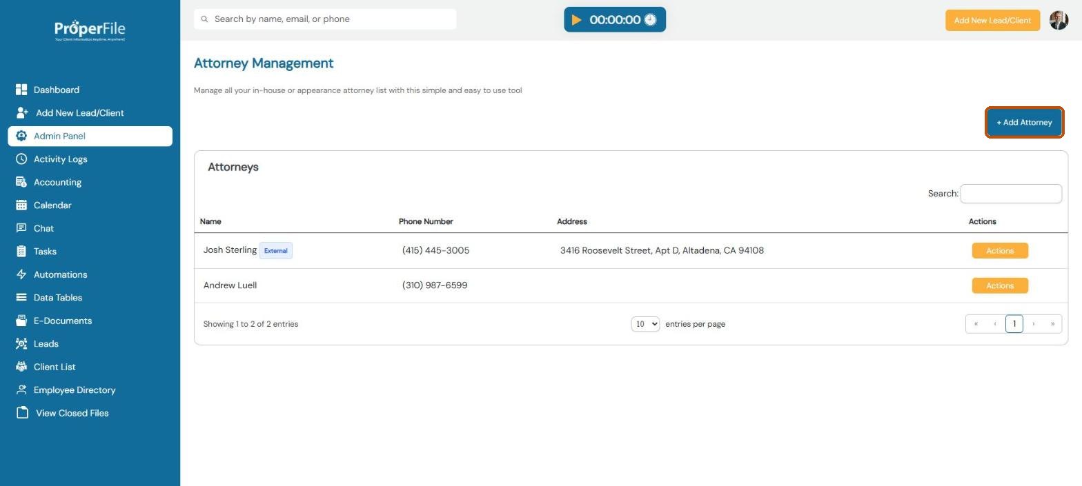 Attorney Management page with the Add Attorney button highlighted