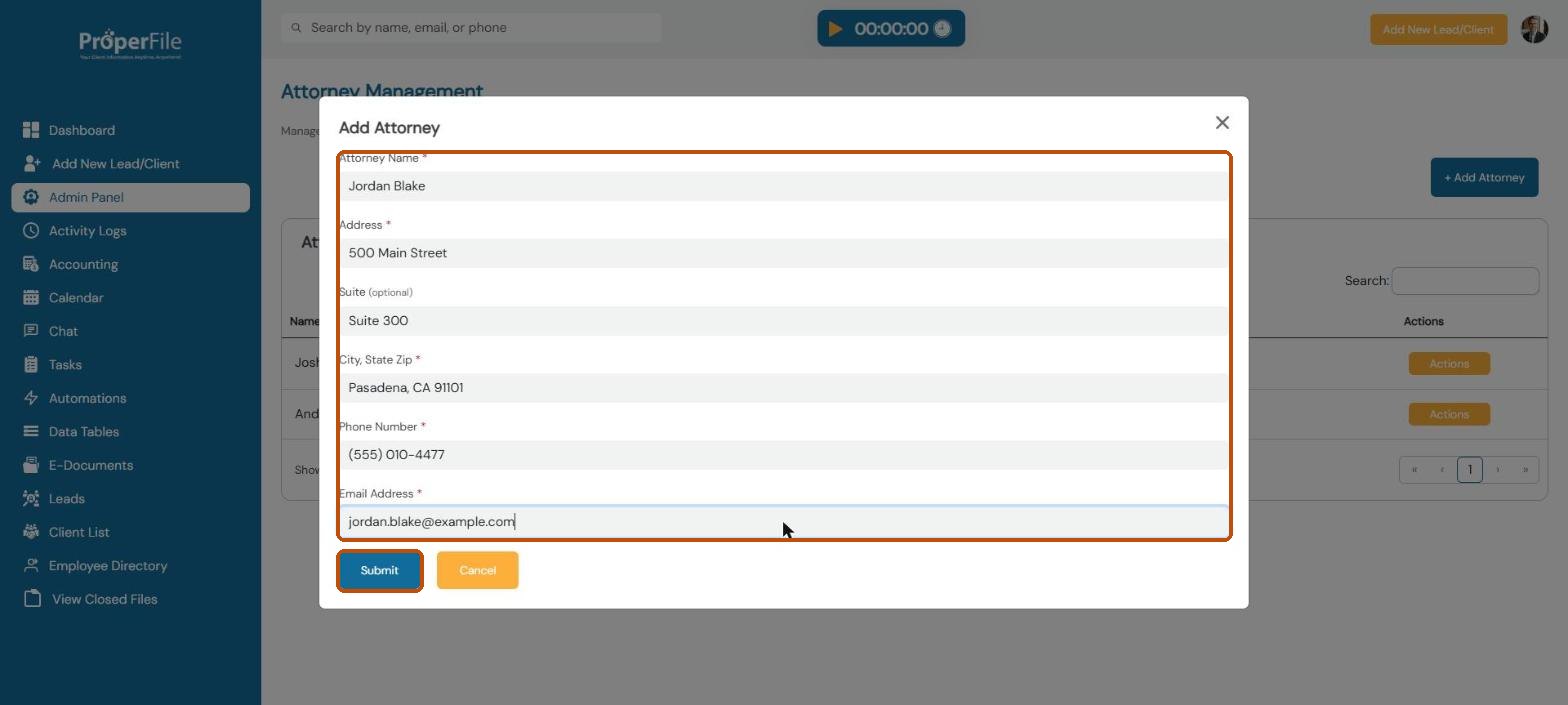 Add Attorney window filled in with a sample attorney's name, address, phone and email