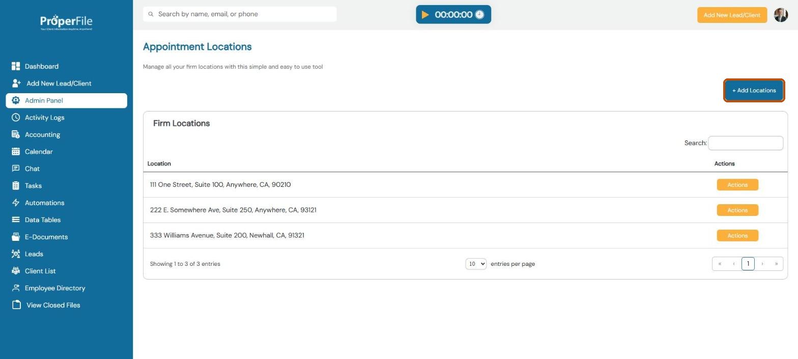 Firm Locations list with the Add Locations button highlighted