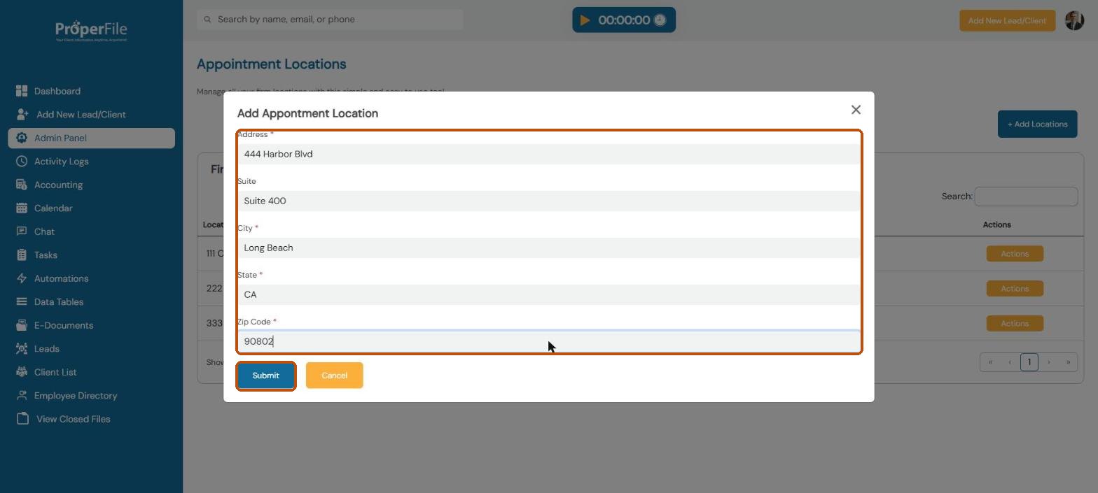 Add location window filled in with a sample address, suite, city, state and ZIP code