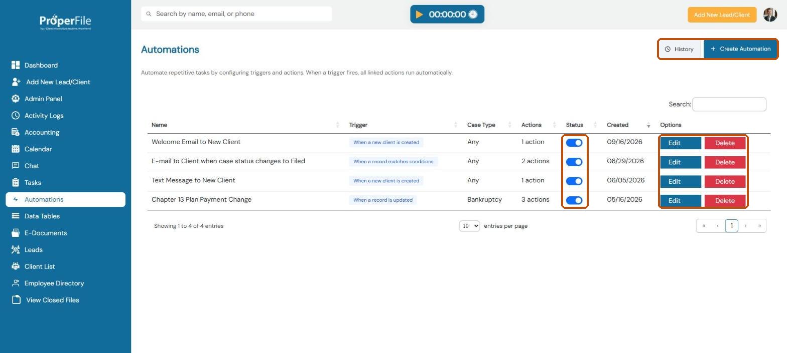 Automations list with each automation's trigger, case type, on/off switch, Edit and Delete, plus History and Create Automation