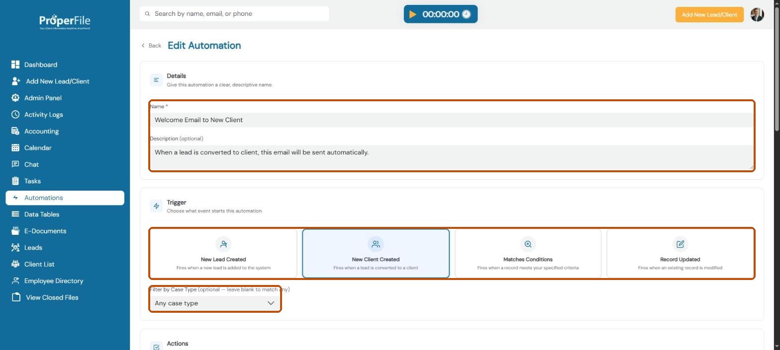 Automation name and description, the four triggers, and the case type filter