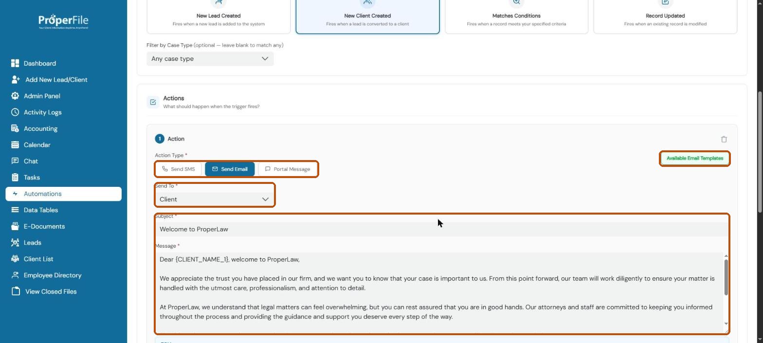 An automation action: Send SMS, Send Email or Portal Message, who to send to, subject and message
