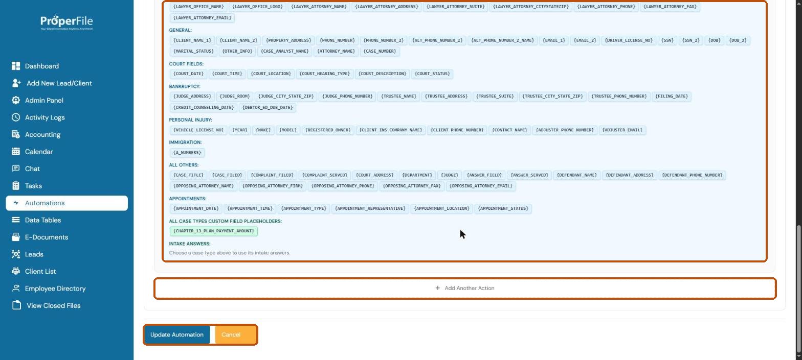 Placeholders you can click to insert, Add Another Action, and the Update Automation button