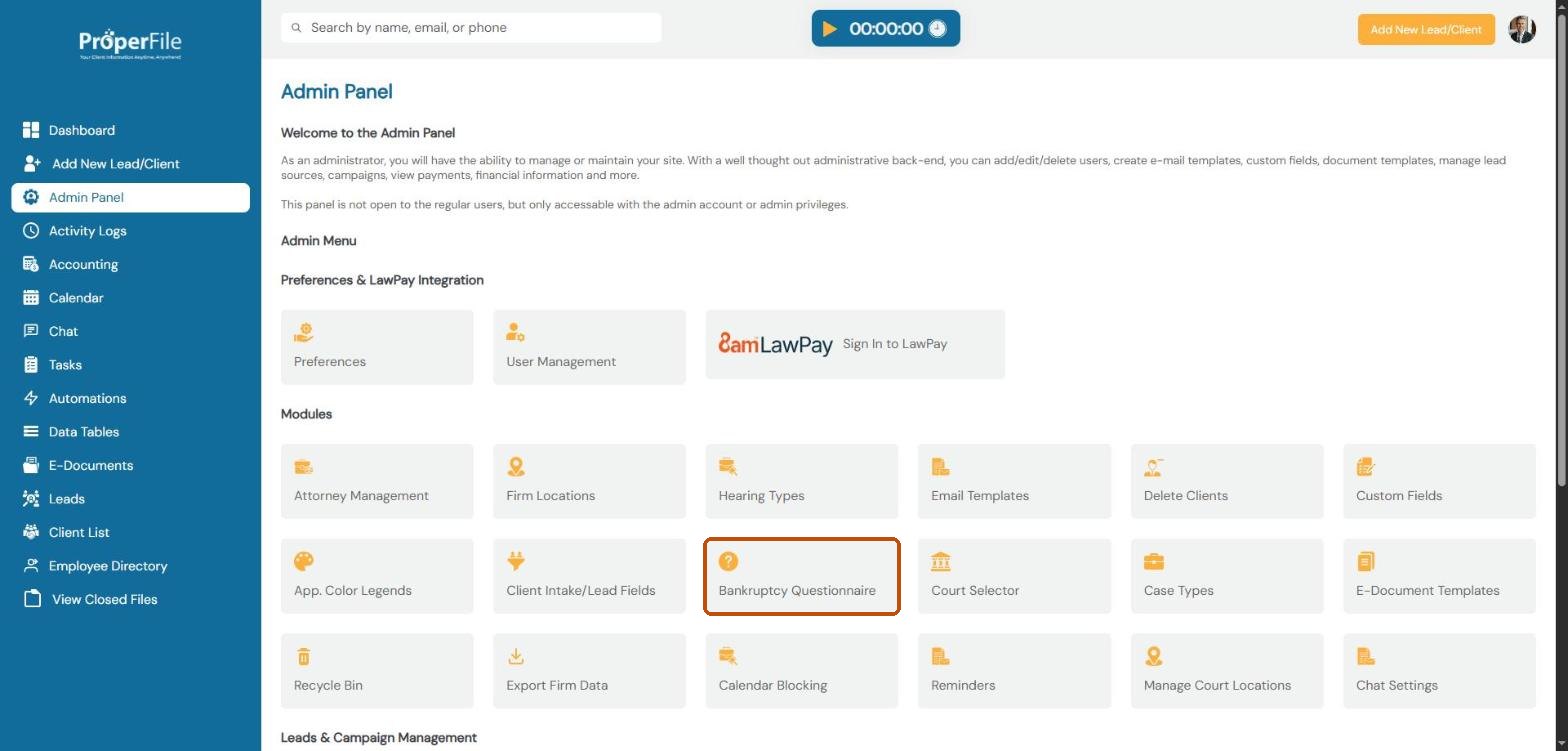 The Admin Panel with the Bankruptcy Questionnaire tile highlighted