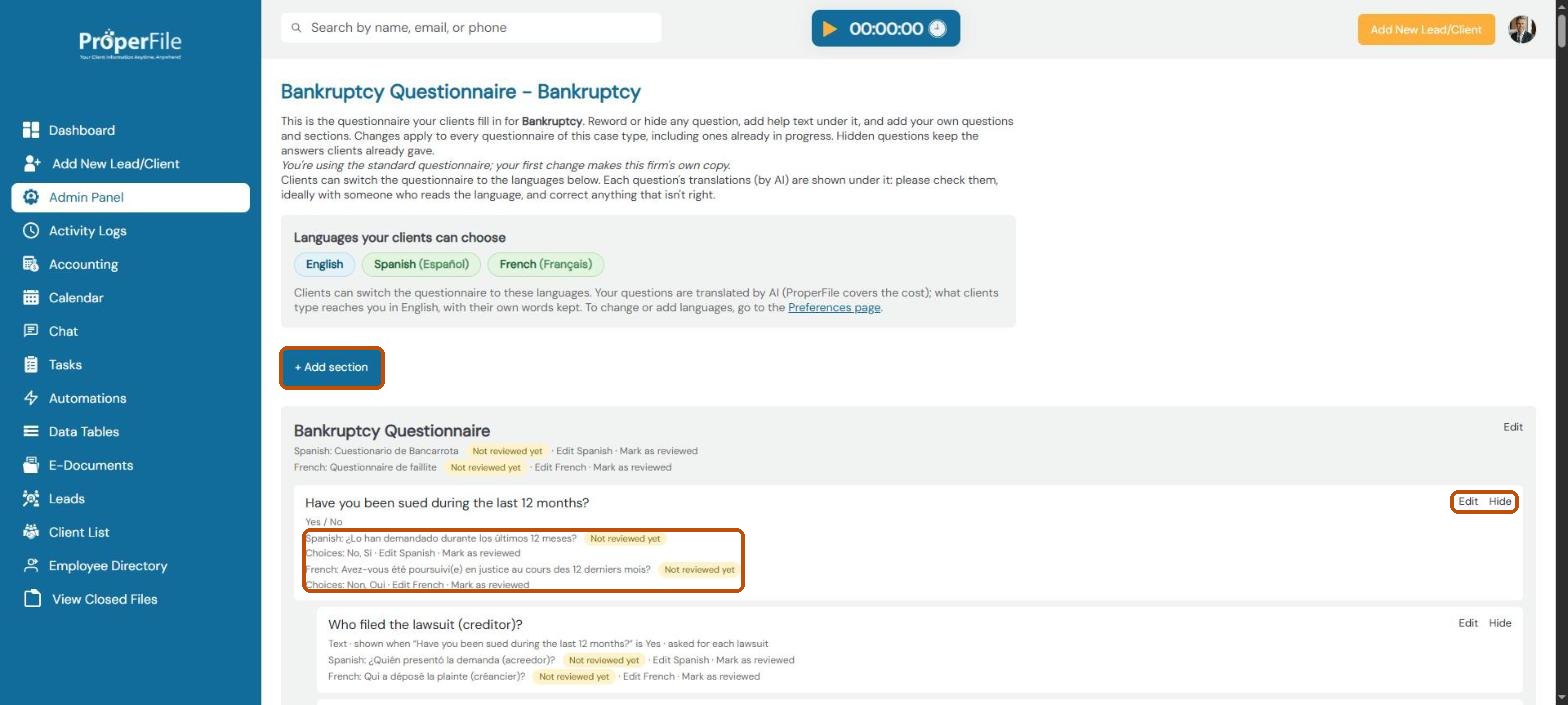 The bankruptcy questionnaire with Add section, a question's Edit and Hide links, and its Spanish and French translations