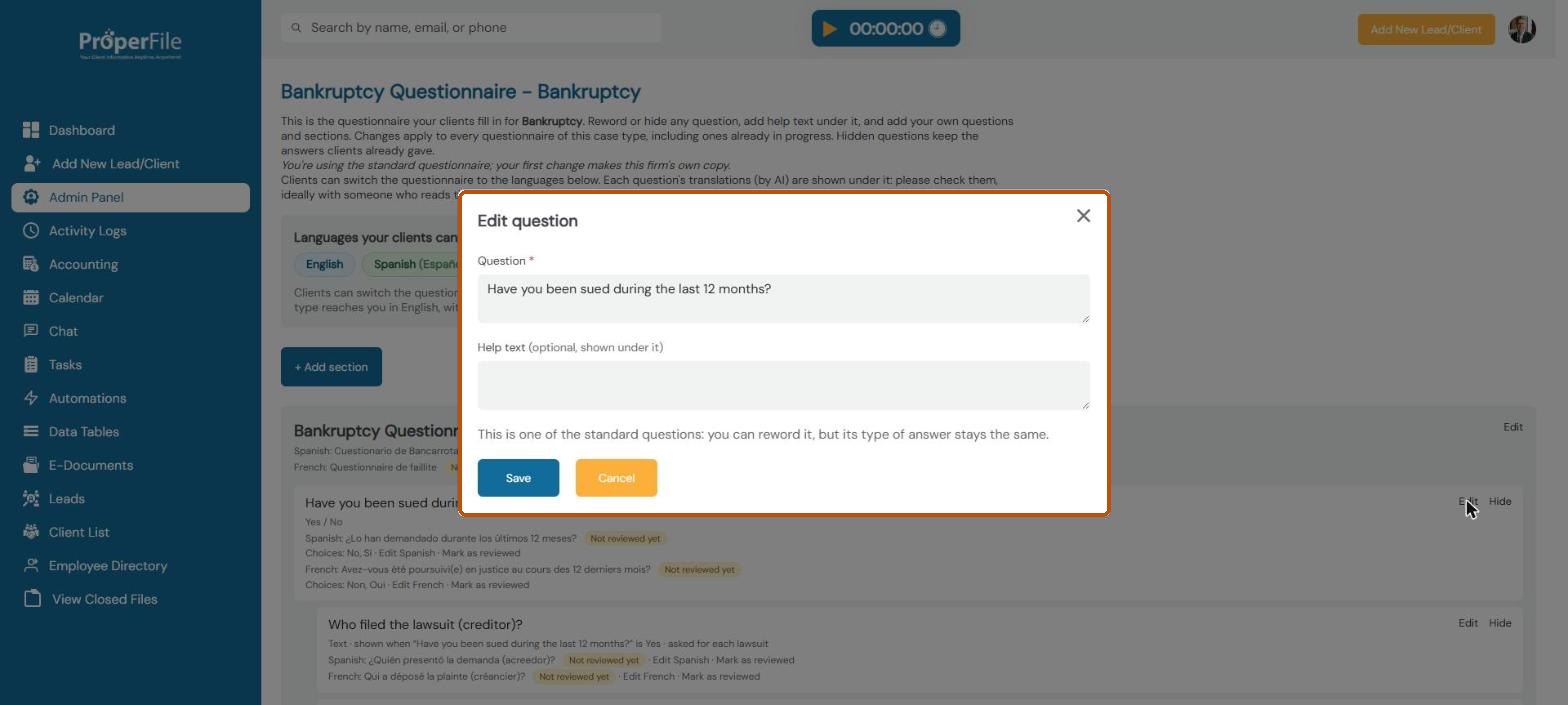 Edit question window with the question wording and optional help text
