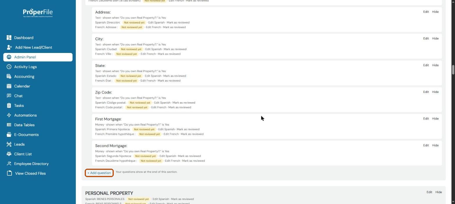 The Add question button at the end of a section