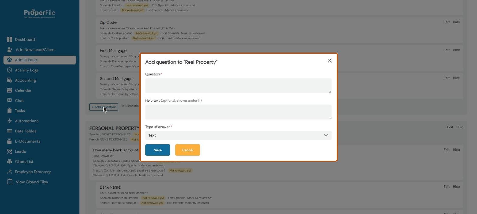 Add question window: question, help text and type of answer