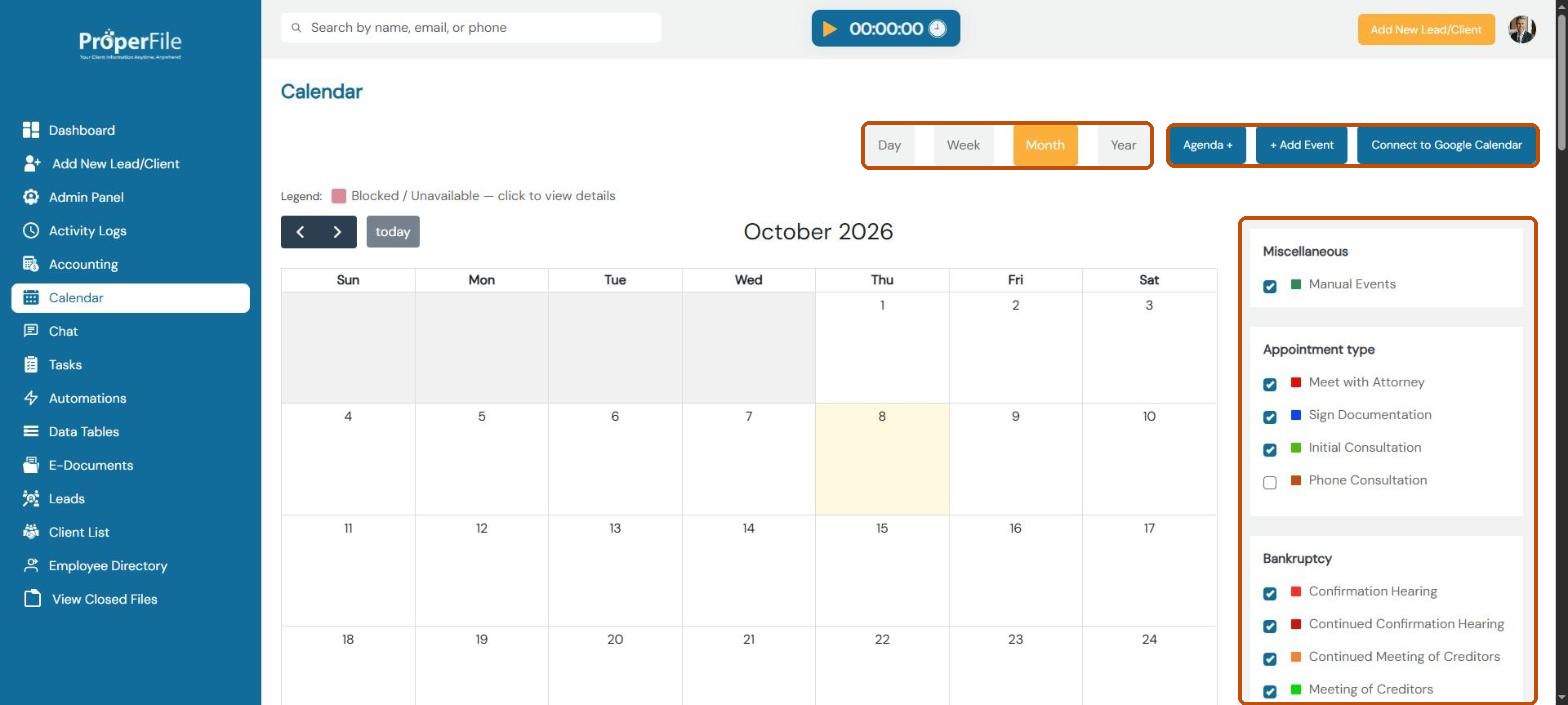 The Calendar in month view with Day, Week, Month and Year buttons, Add Event, Connect to Google Calendar and the color filters