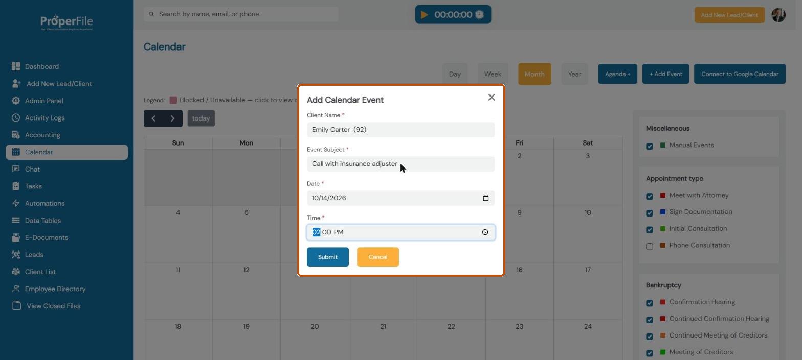 Add Calendar Event window with a client, subject, date and time