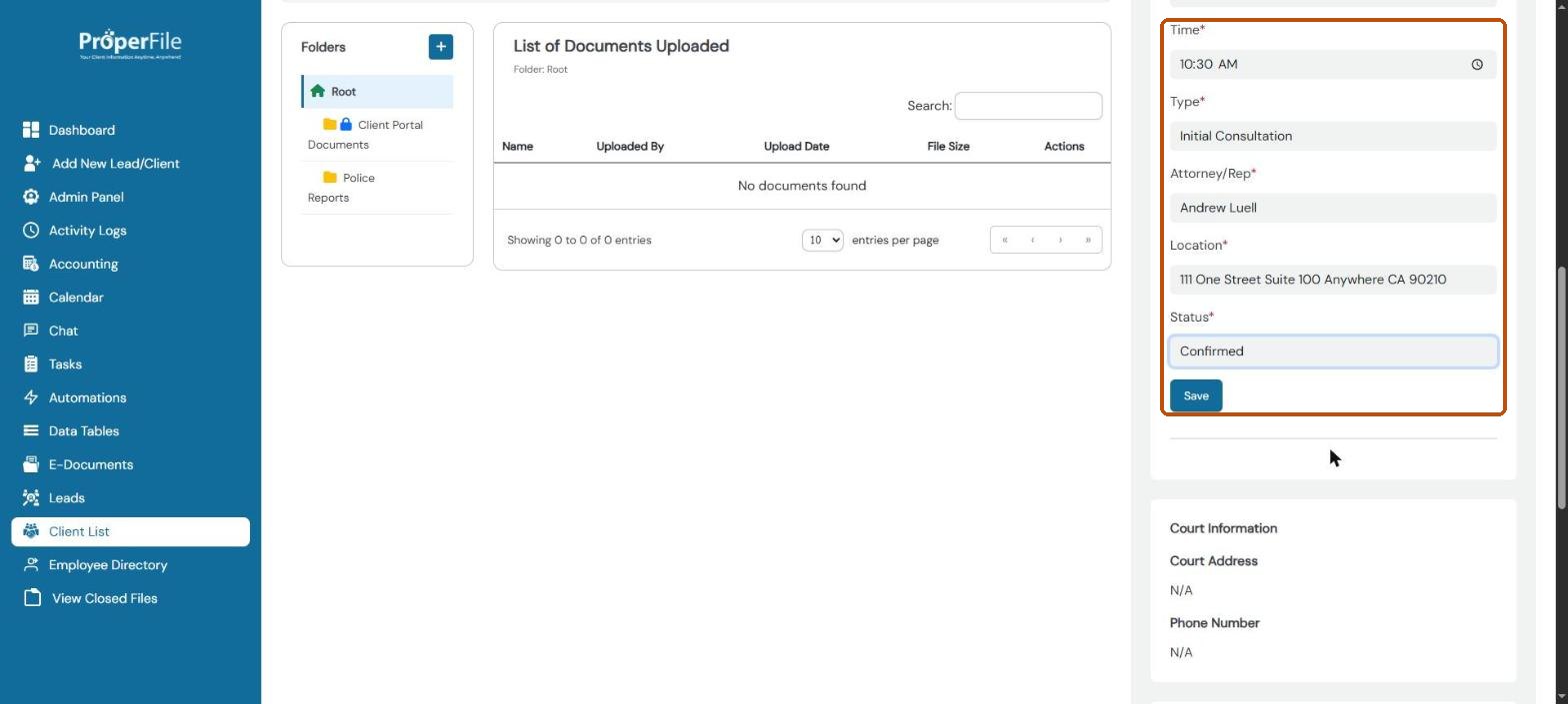 Appointments form on a client's page: date, time, type, attorney, location, status and Save
