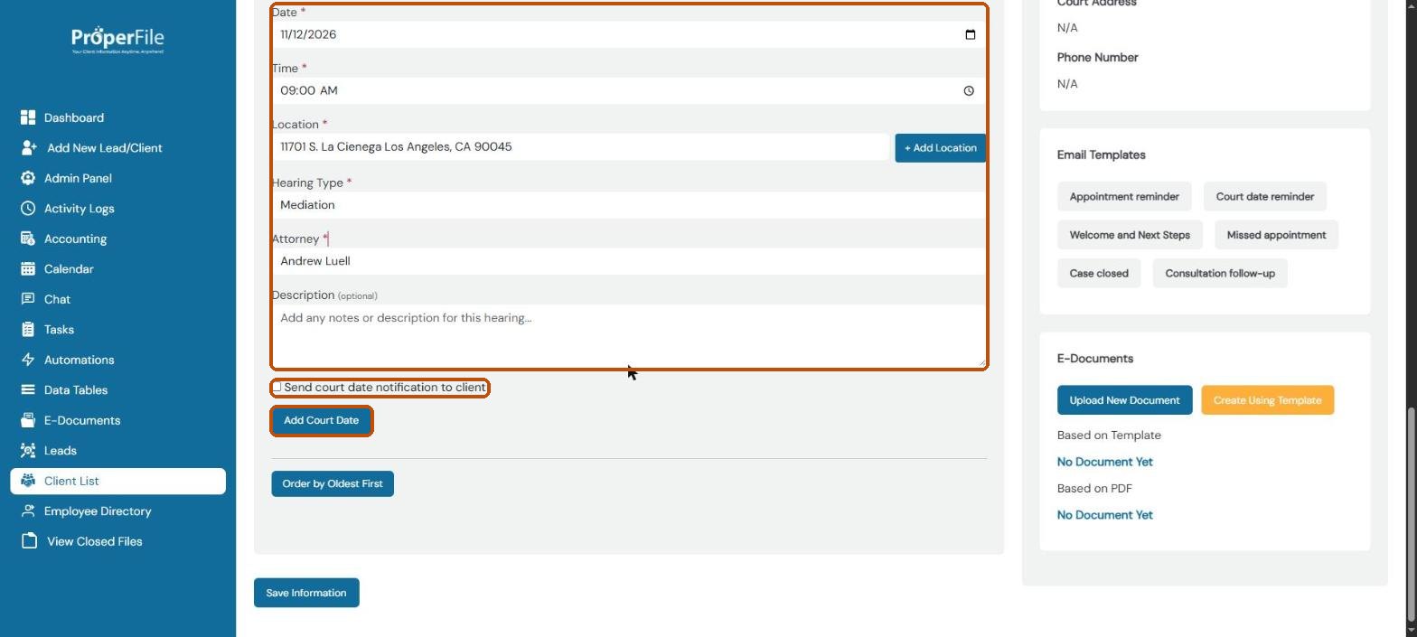 Event/Court Date form with date, time, court location, hearing type and attorney, the client notification checkbox and Add Court Date