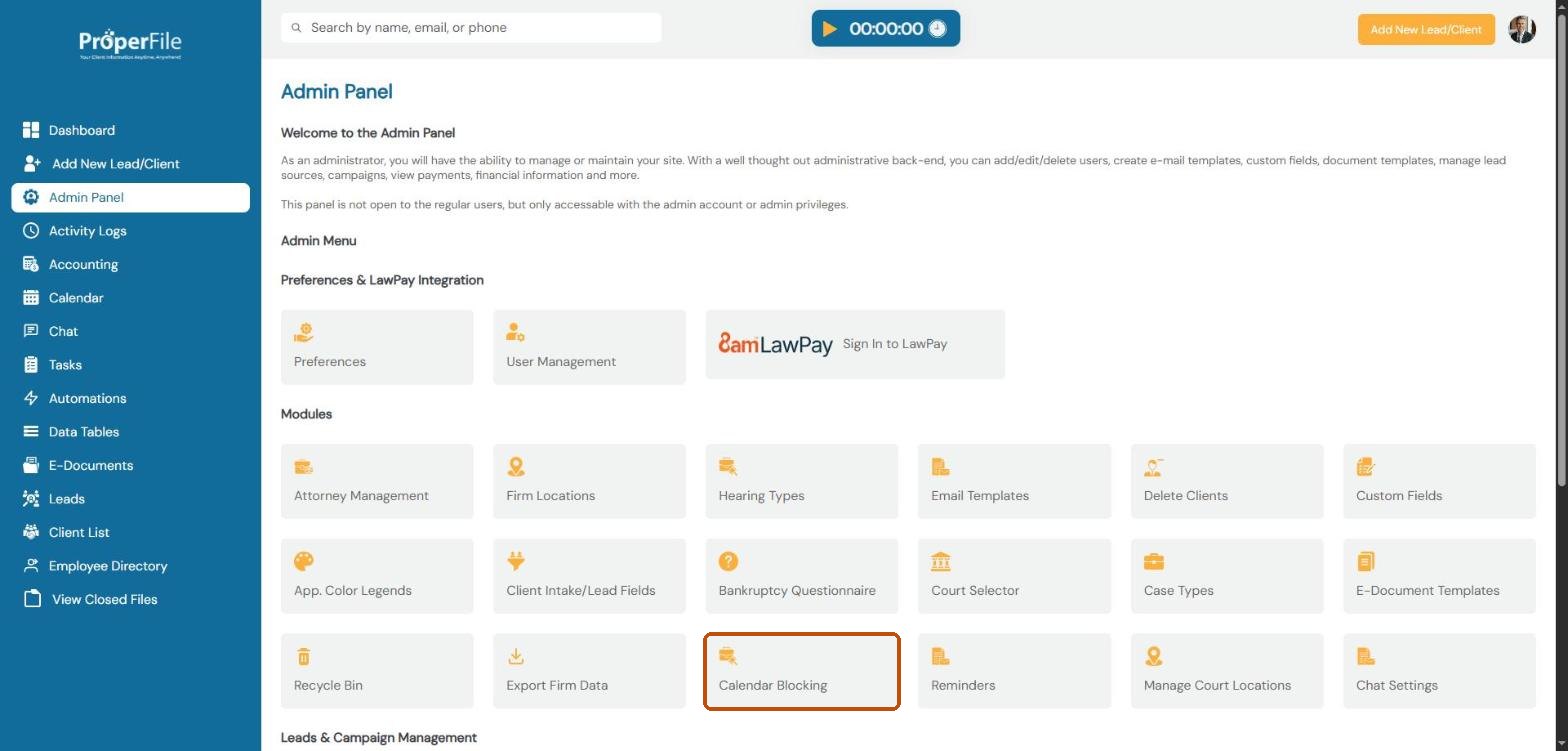 The Admin Panel with the Calendar Blocking tile highlighted
