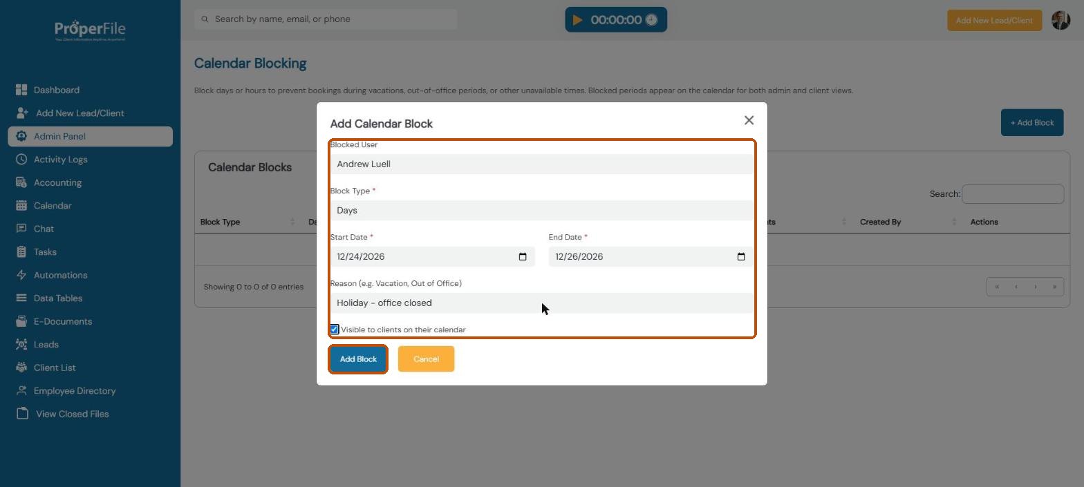 Add Calendar Block window: attorney, block type, dates, reason and Visible to clients