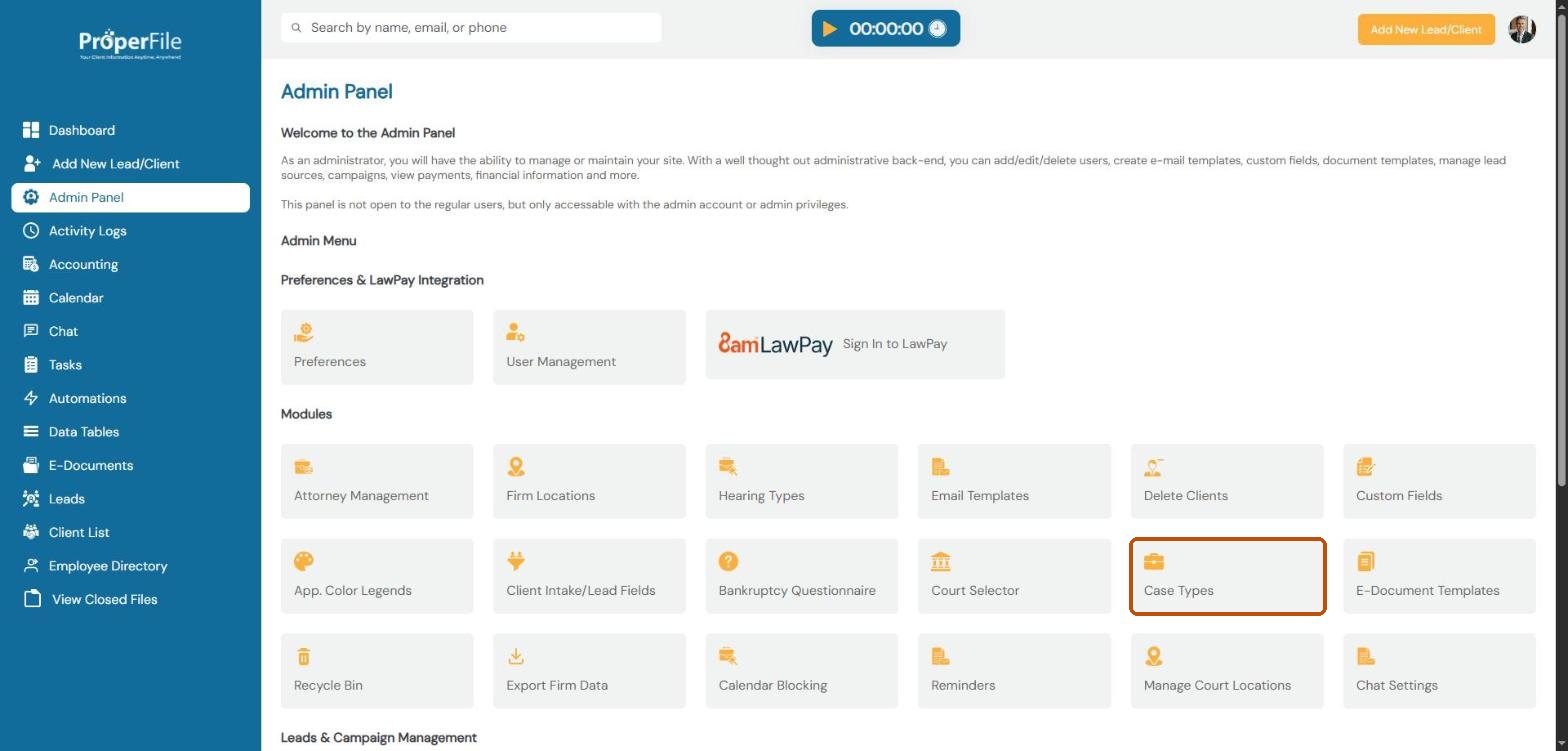 The Admin Panel with the Case Types tile highlighted