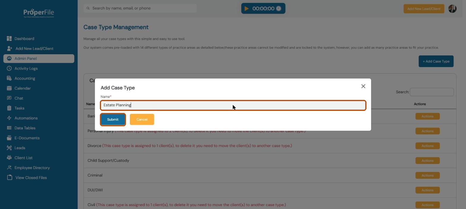 Add Case Type window with the name Estate Planning typed in