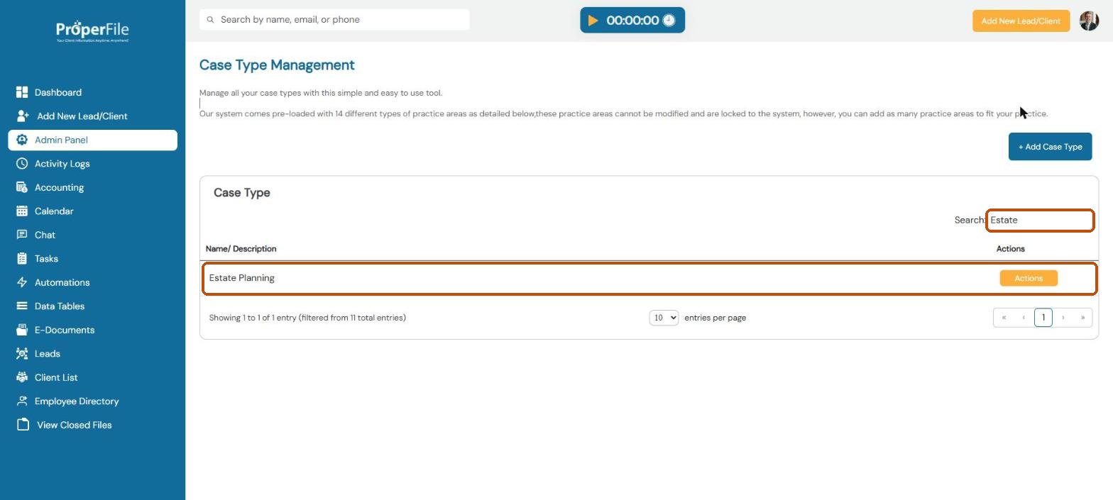 Searching the case type list shows the new Estate Planning case type