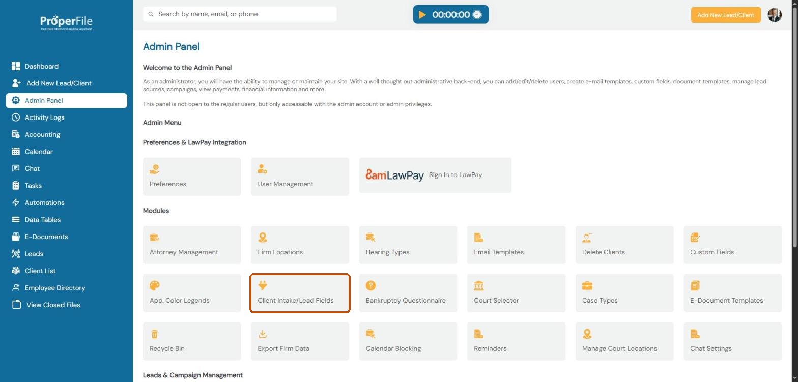 The Admin Panel with the Client Intake/Lead Fields tile highlighted