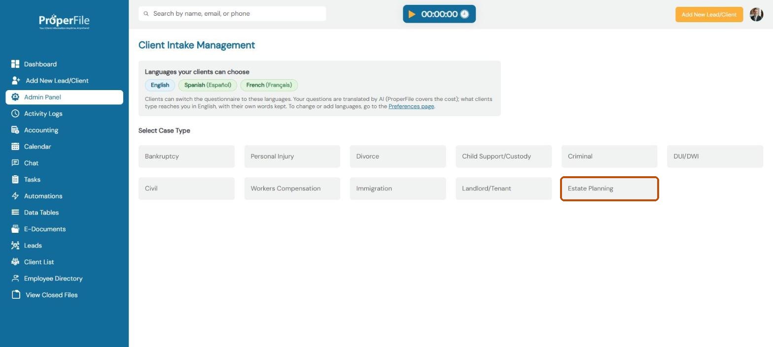 Client Intake Management: the languages clients can choose and the case types, with Estate Planning highlighted