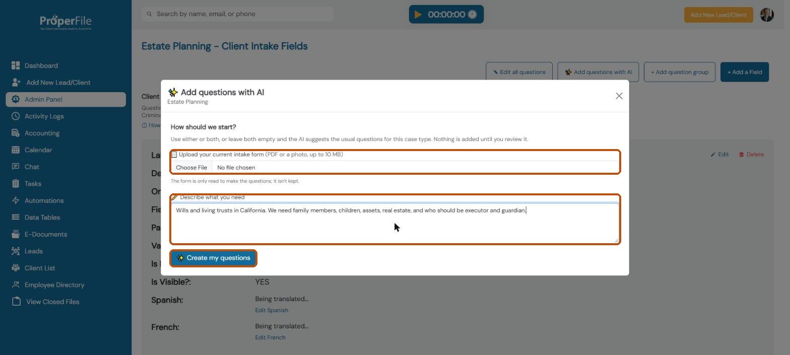 Add questions with AI window: upload a form or describe what you need, then Create my questions