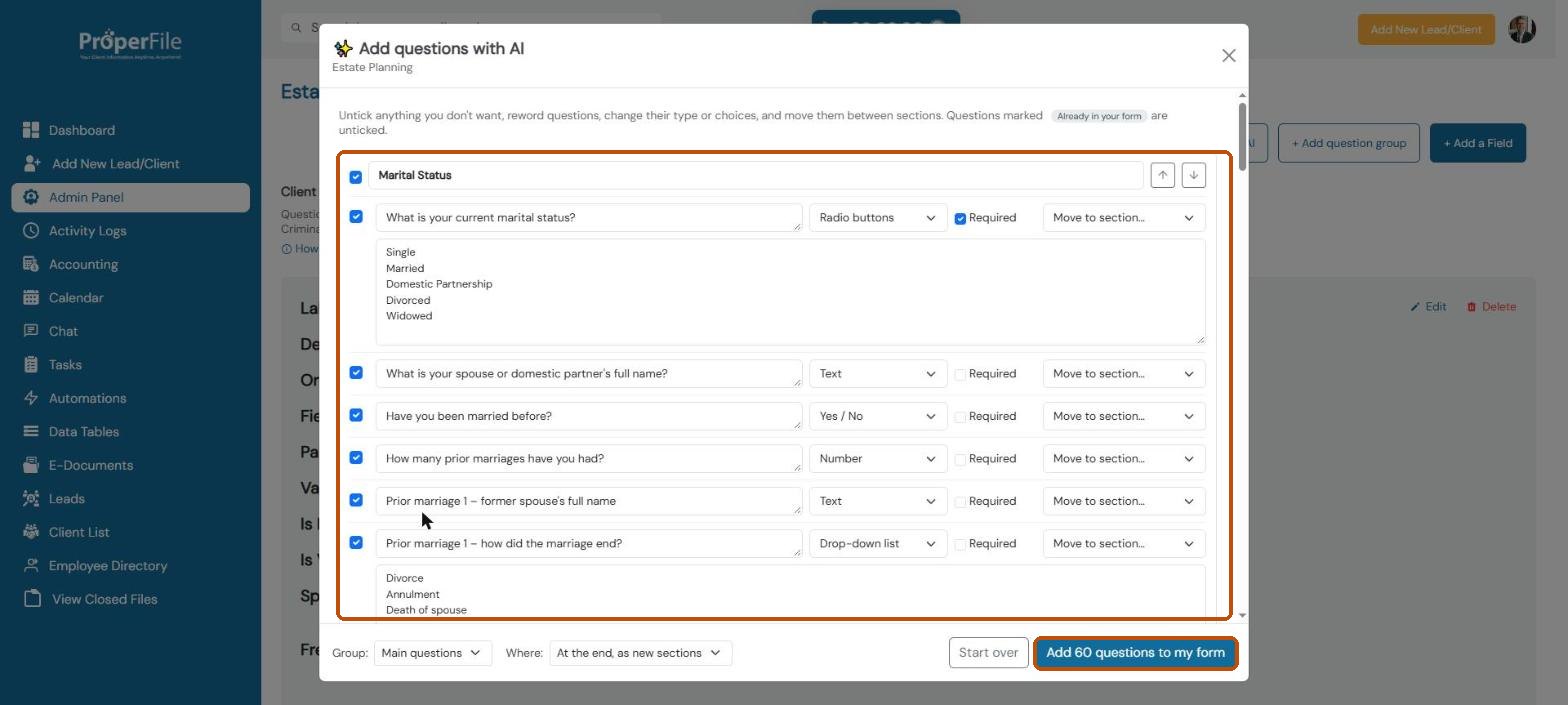 Reviewing the AI's suggested questions before adding them to the form