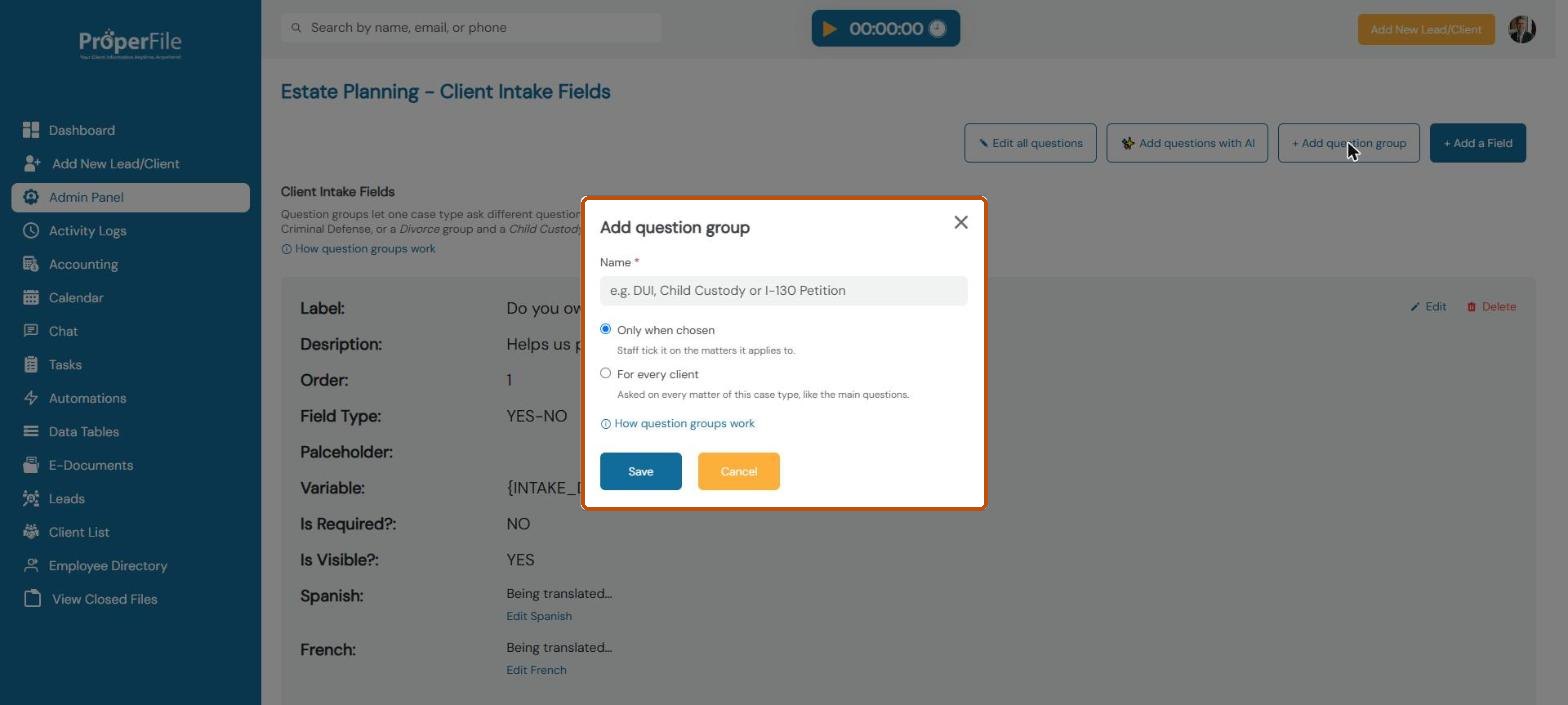Add question group window: name, Only when chosen or For every client