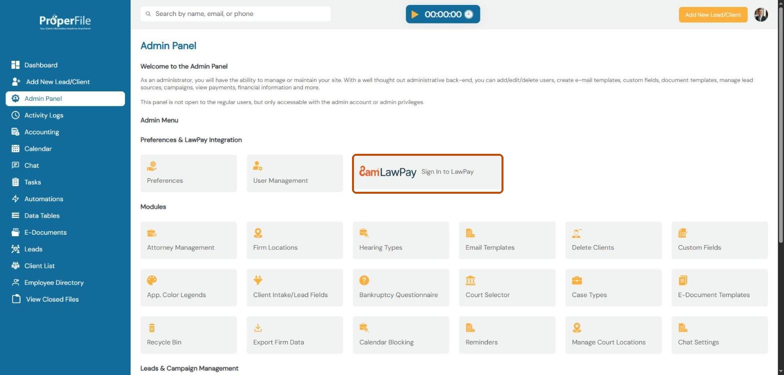 The Admin Panel with the Sign In to LawPay tile highlighted