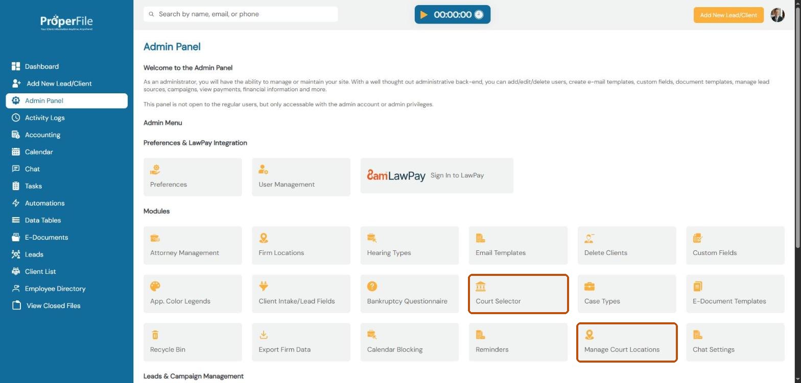 The Admin Panel with the Court Selector and Manage Court Locations tiles highlighted