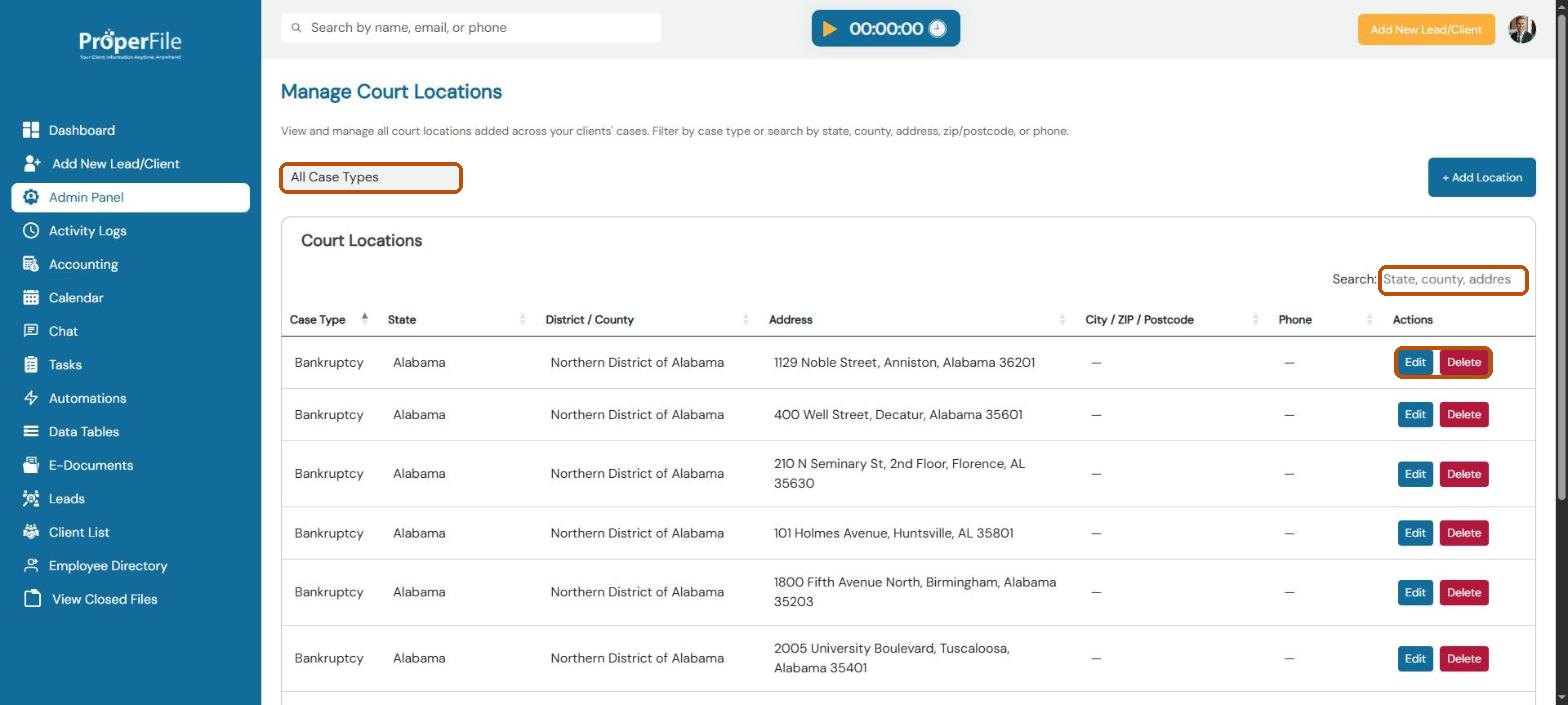 Manage Court Locations: the case type filter, search box and Edit and Delete buttons