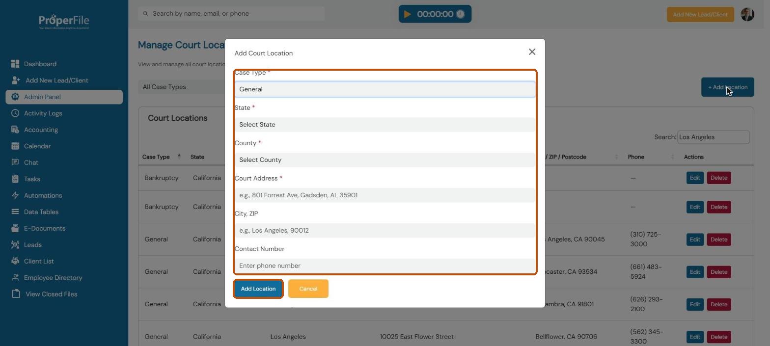 Add Court Location window: case type, state, county, court address, city and ZIP, and contact number