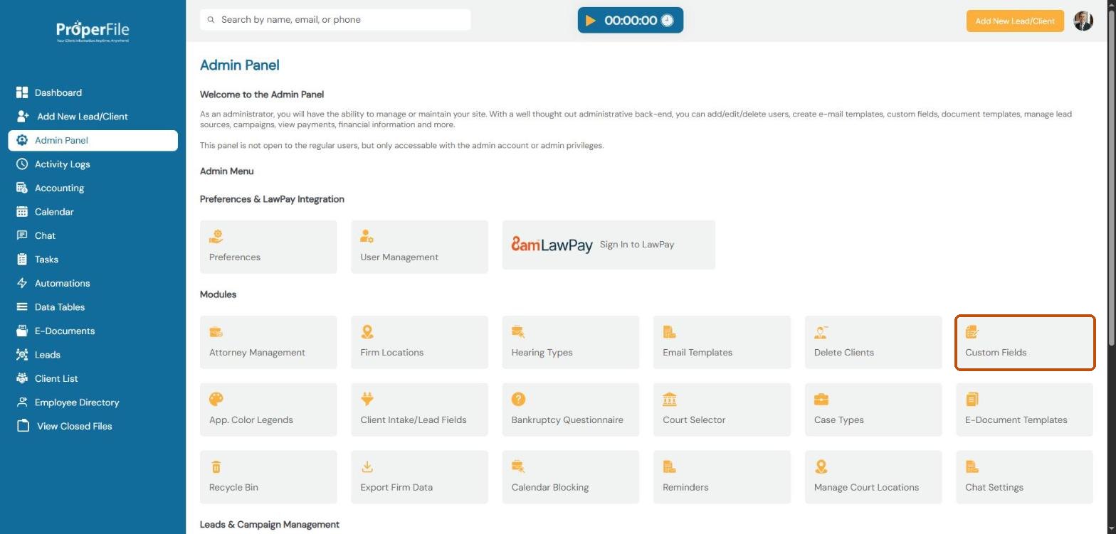 The Admin Panel with the Custom Fields tile highlighted