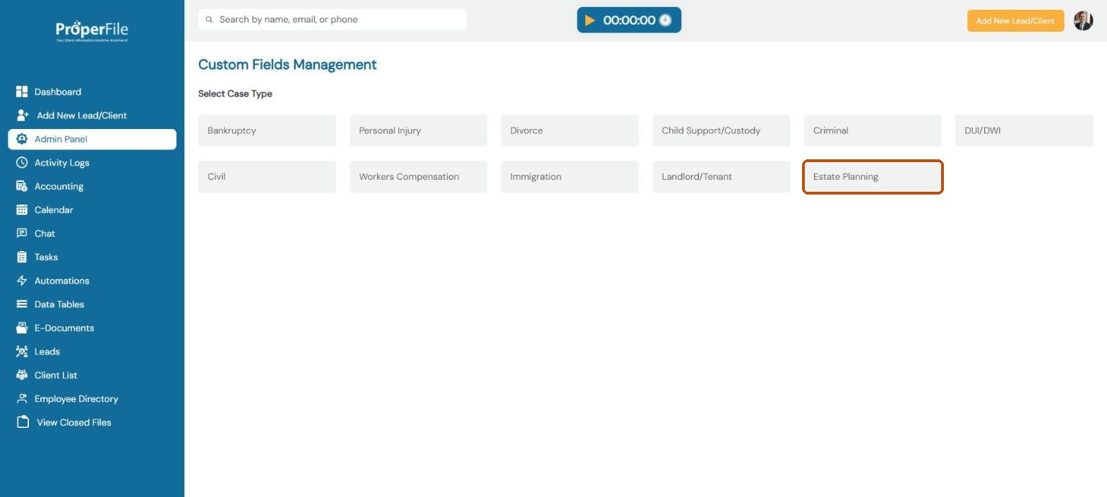 Custom Fields Management: choose a case type, with Estate Planning highlighted