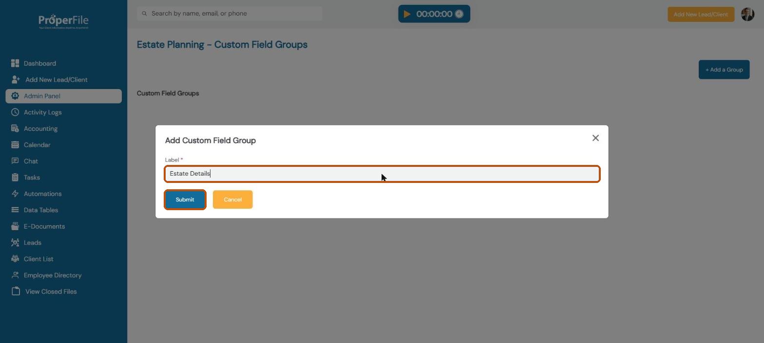Add Custom Field Group window with the label Estate Details