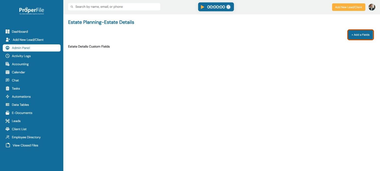 The Estate Details group's field list with the Add a Fields button highlighted