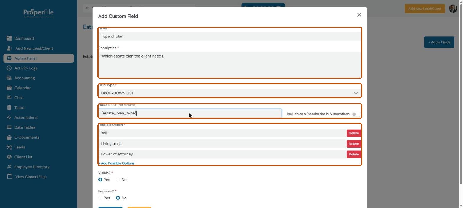 Add Custom Field window filled in: label, description, drop-down field type, placeholder and three options