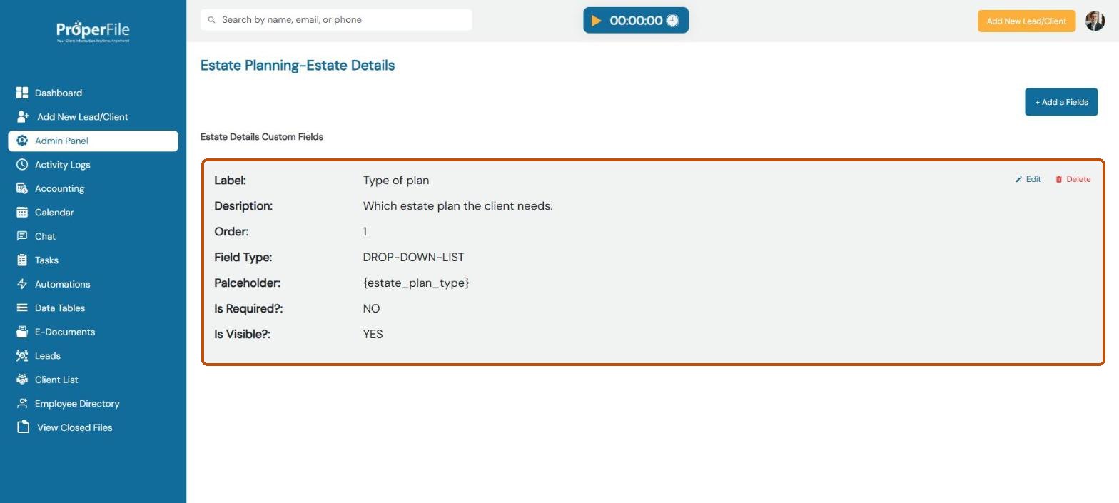The saved Type of plan field with its type, placeholder and settings