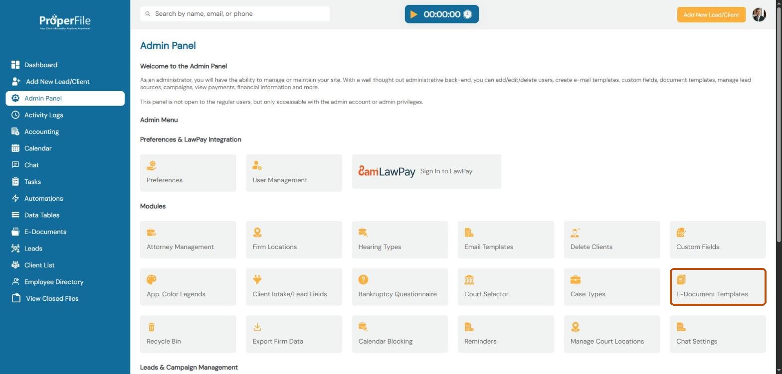 The Admin Panel with the E-Document Templates tile highlighted